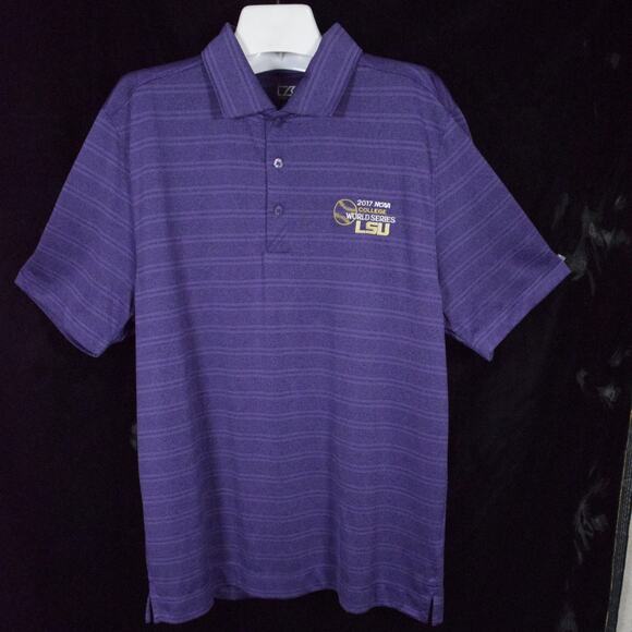 LSU Purple Striped Polo 2017 College World Series Baseball Cutter & Buck Sz L - Picture 1 of 8